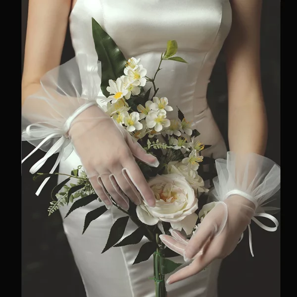 Elegant Wedding Bridal Short White Gloves Breathable Tulle Ribbon Bow