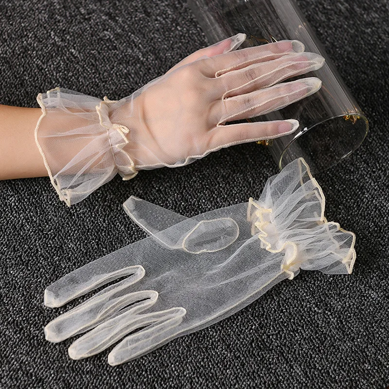 Elegant Stretchy Lace Full Finger Mittens Mesh Transparentes Short Tulle Wedding Gloves