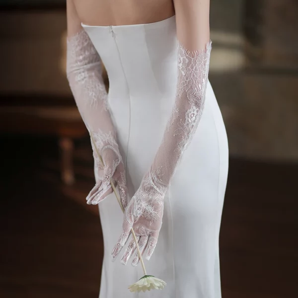 White Long Lace Hollow Tulle All Finger Wedding Gloves