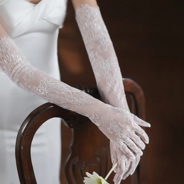 White Long Lace Hollow Tulle All Finger Wedding Gloves