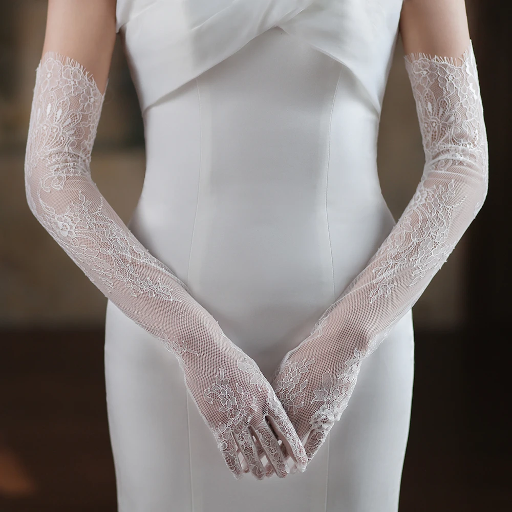 White Long Lace Hollow Tulle All Finger Wedding Gloves