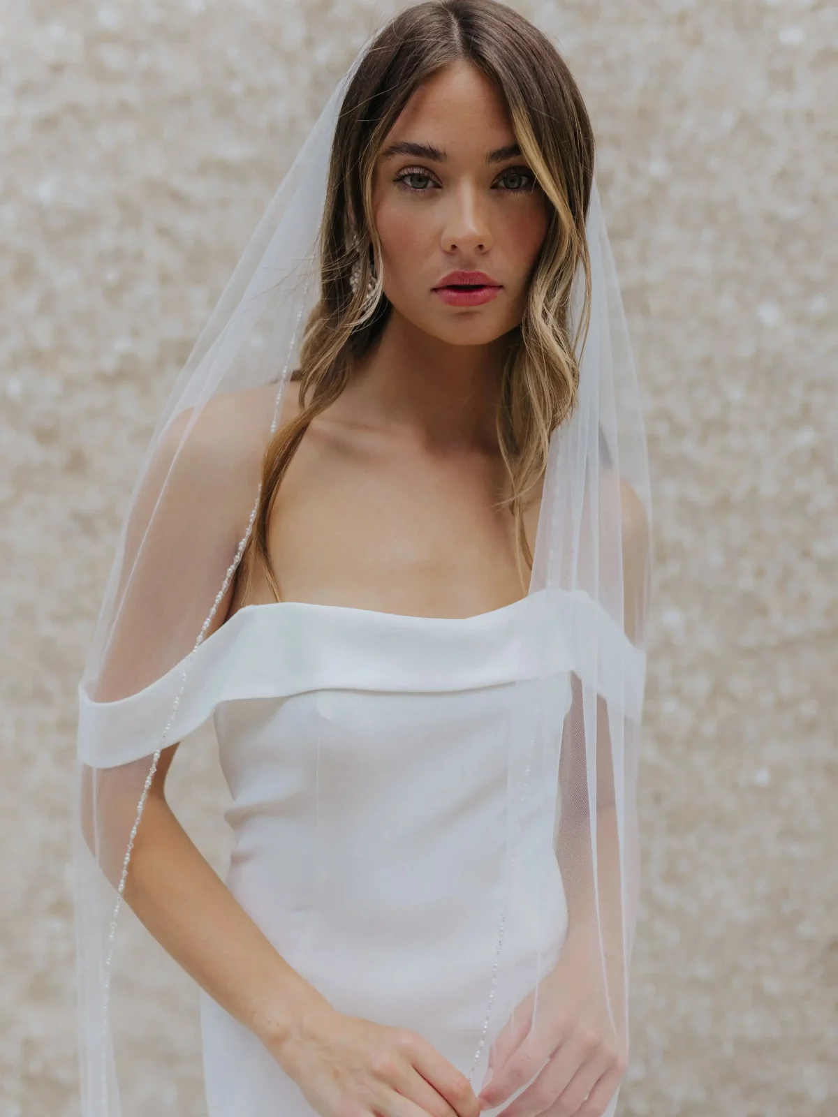 Crystal Beaded 1 Tier Fingertrip Length Wedding Veil with Comb