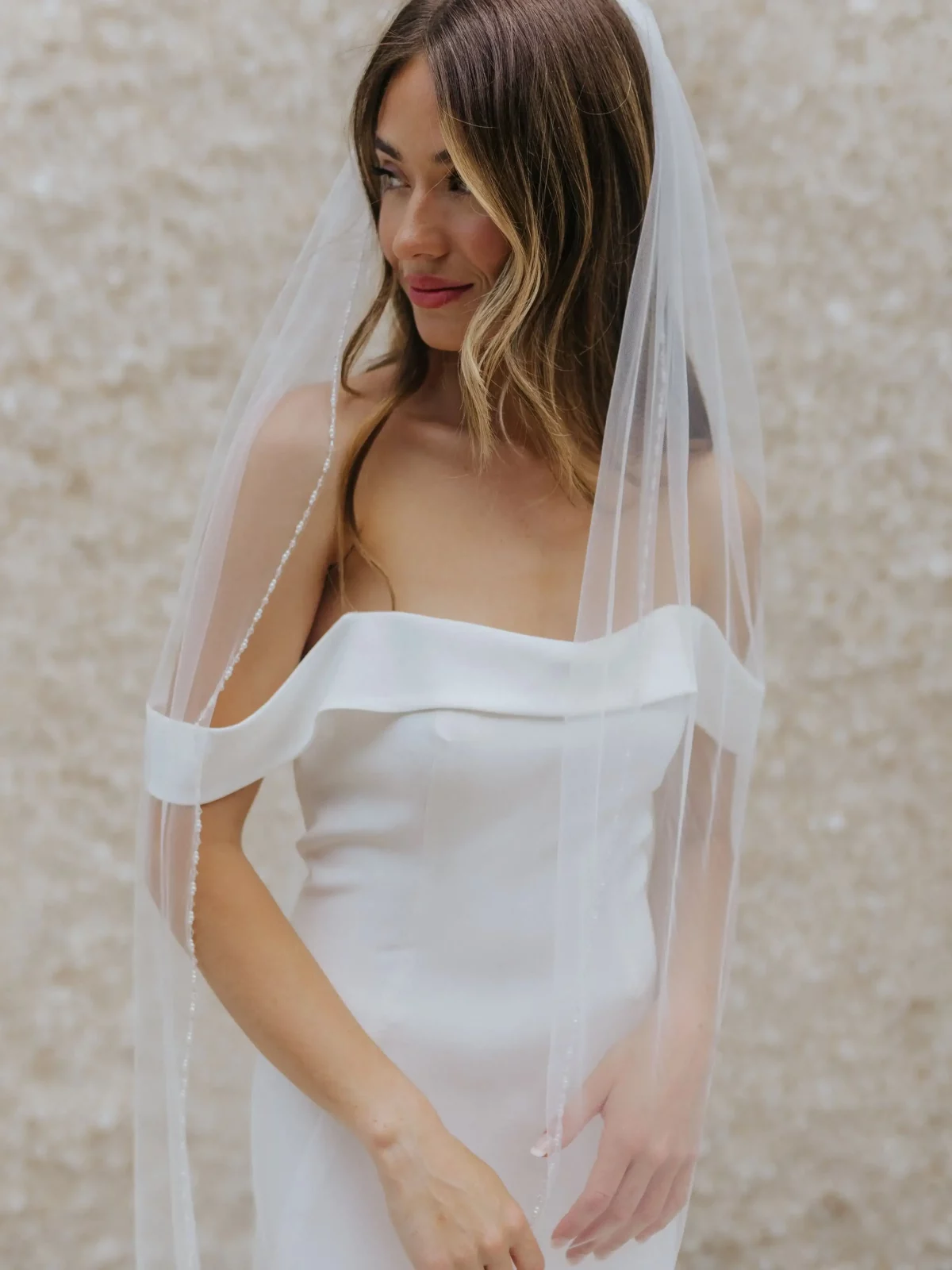 Crystal Beaded 1 Tier Fingertrip Length Wedding Veil with Comb