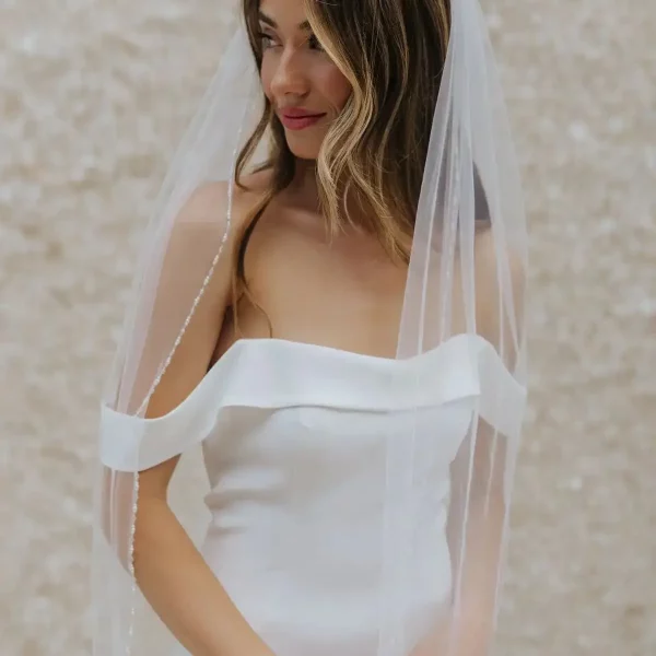 Crystal Beaded 1 Tier Fingertrip Length Wedding Veil with Comb