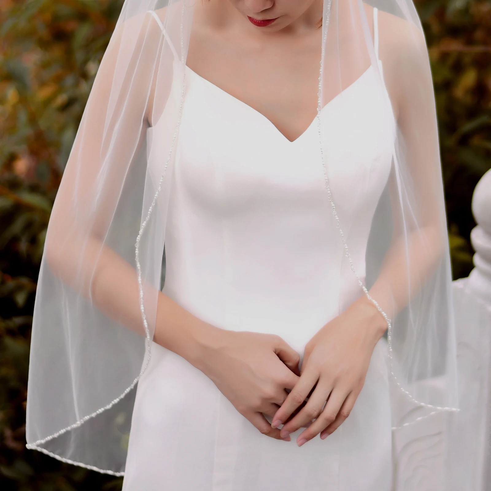 Crystal Beaded 1 Tier Fingertrip Length Wedding Veil with Comb