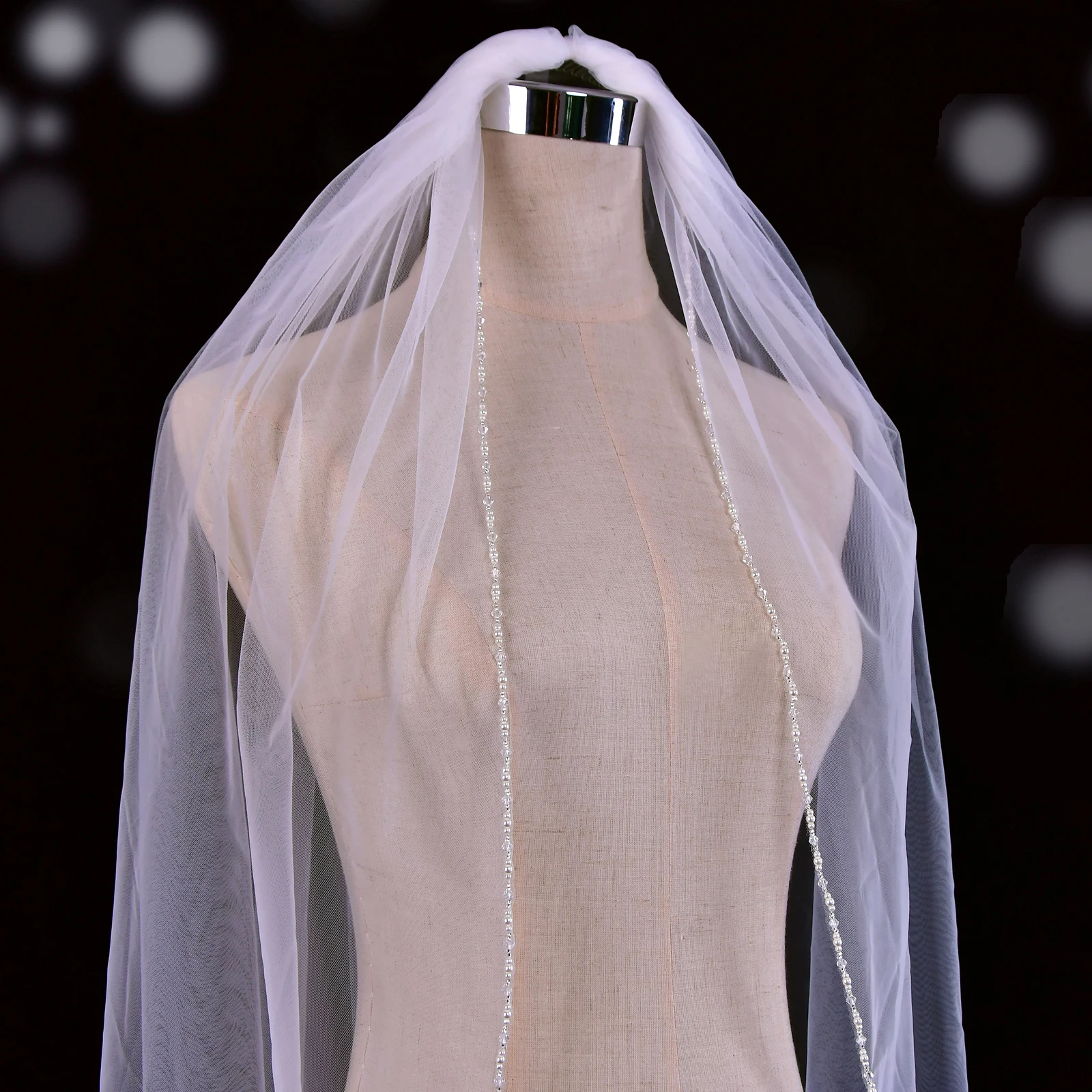 Crystal Beaded 1 Tier Fingertrip Length Wedding Veil with Comb