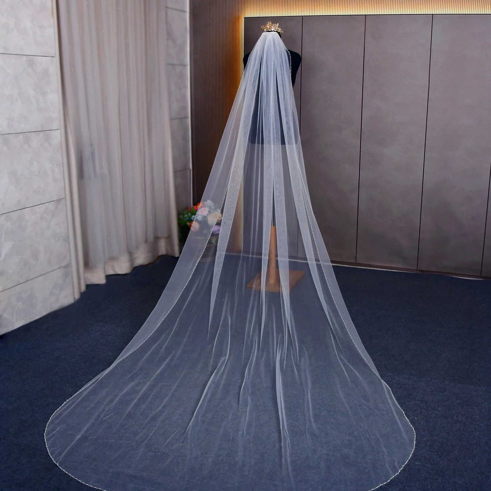 Crystal Beaded 1 Tier Fingertrip Length Wedding Veil with Comb