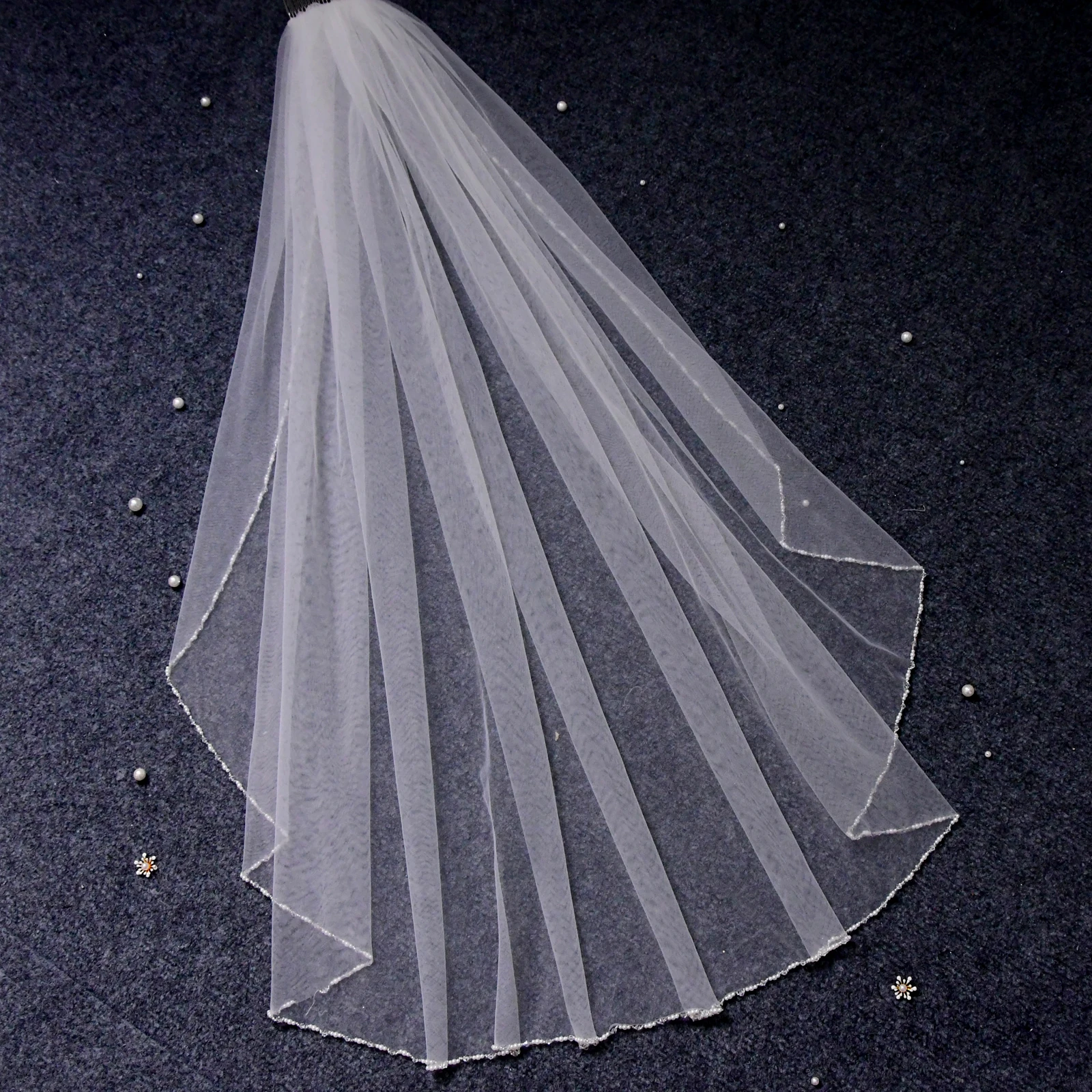 Crystal Beaded 1 Tier Fingertrip Length Wedding Veil with Comb