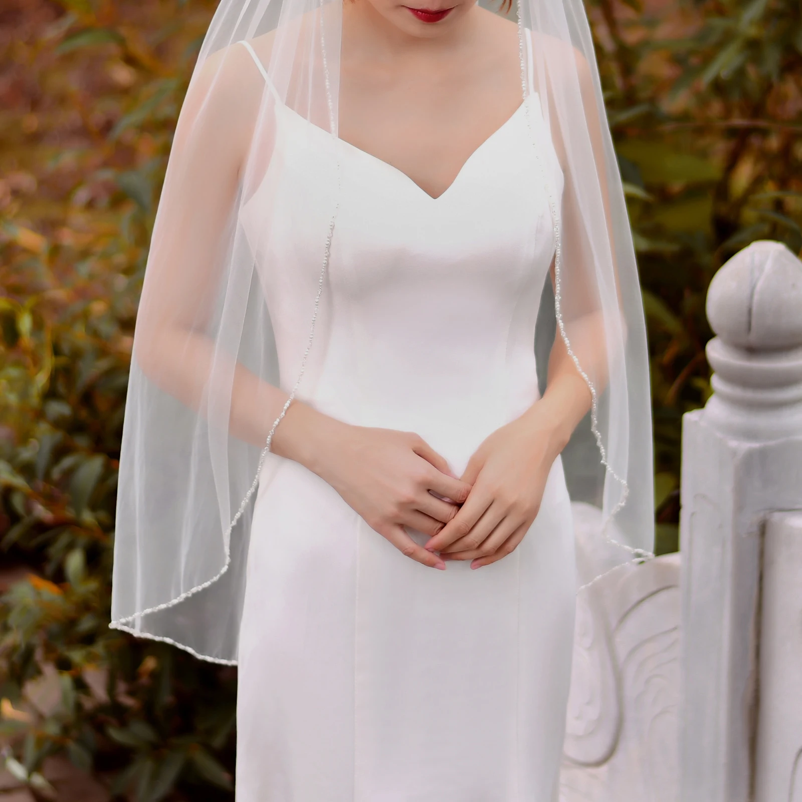 Crystal Beaded 1 Tier Fingertrip Length Wedding Veil with Comb