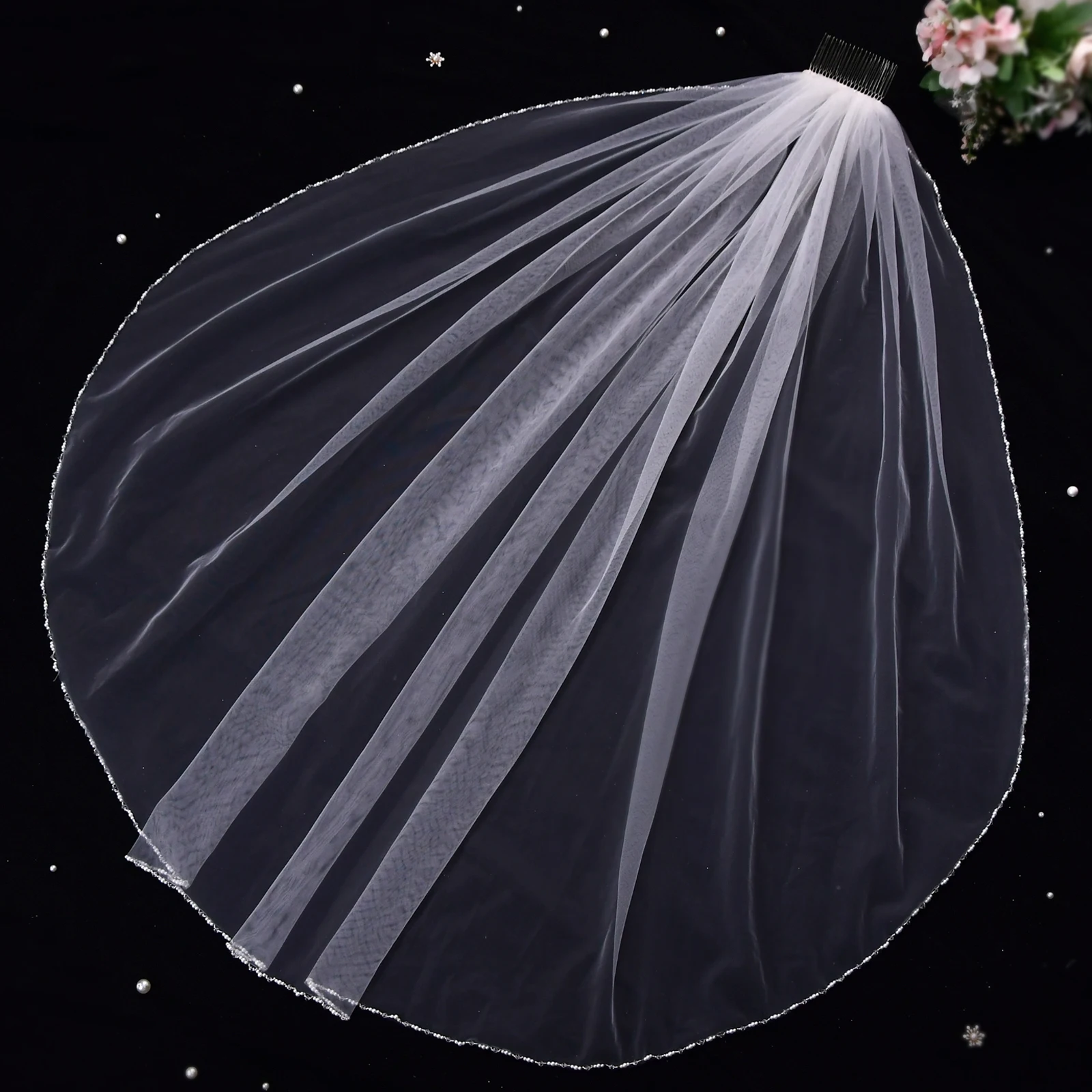 Crystal Beaded 1 Tier Fingertrip Length Wedding Veil with Comb