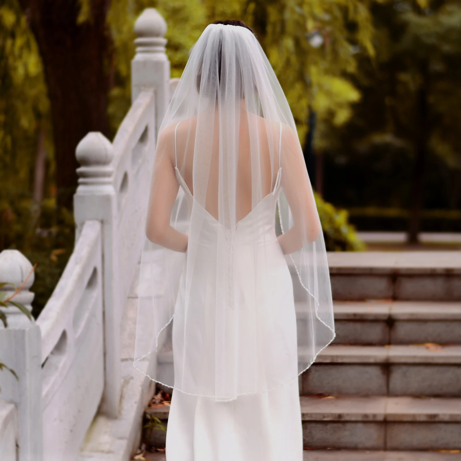 Crystal Beaded 1 Tier Fingertrip Length Wedding Veil with Comb