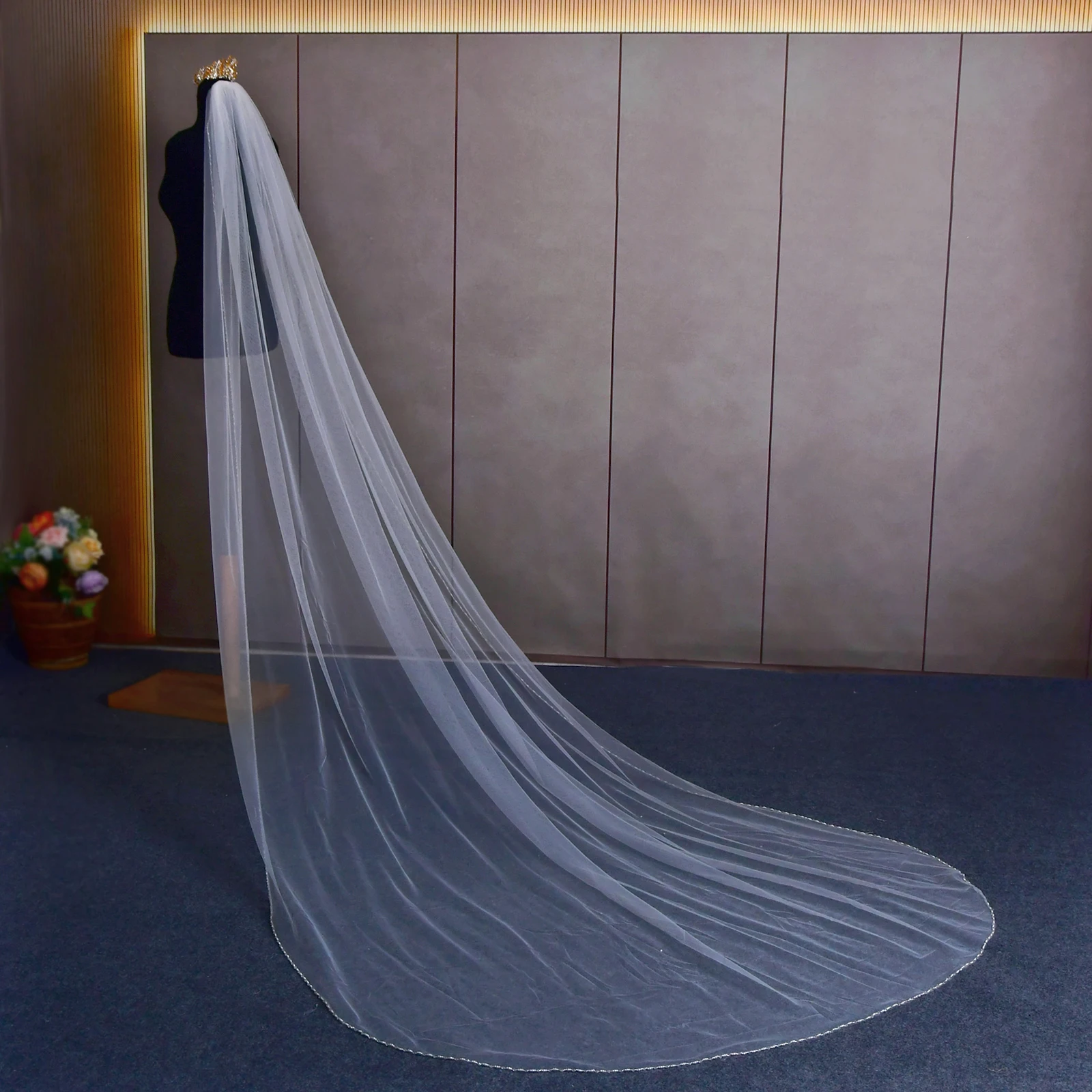 Crystal Beaded 1 Tier Fingertrip Length Wedding Veil with Comb