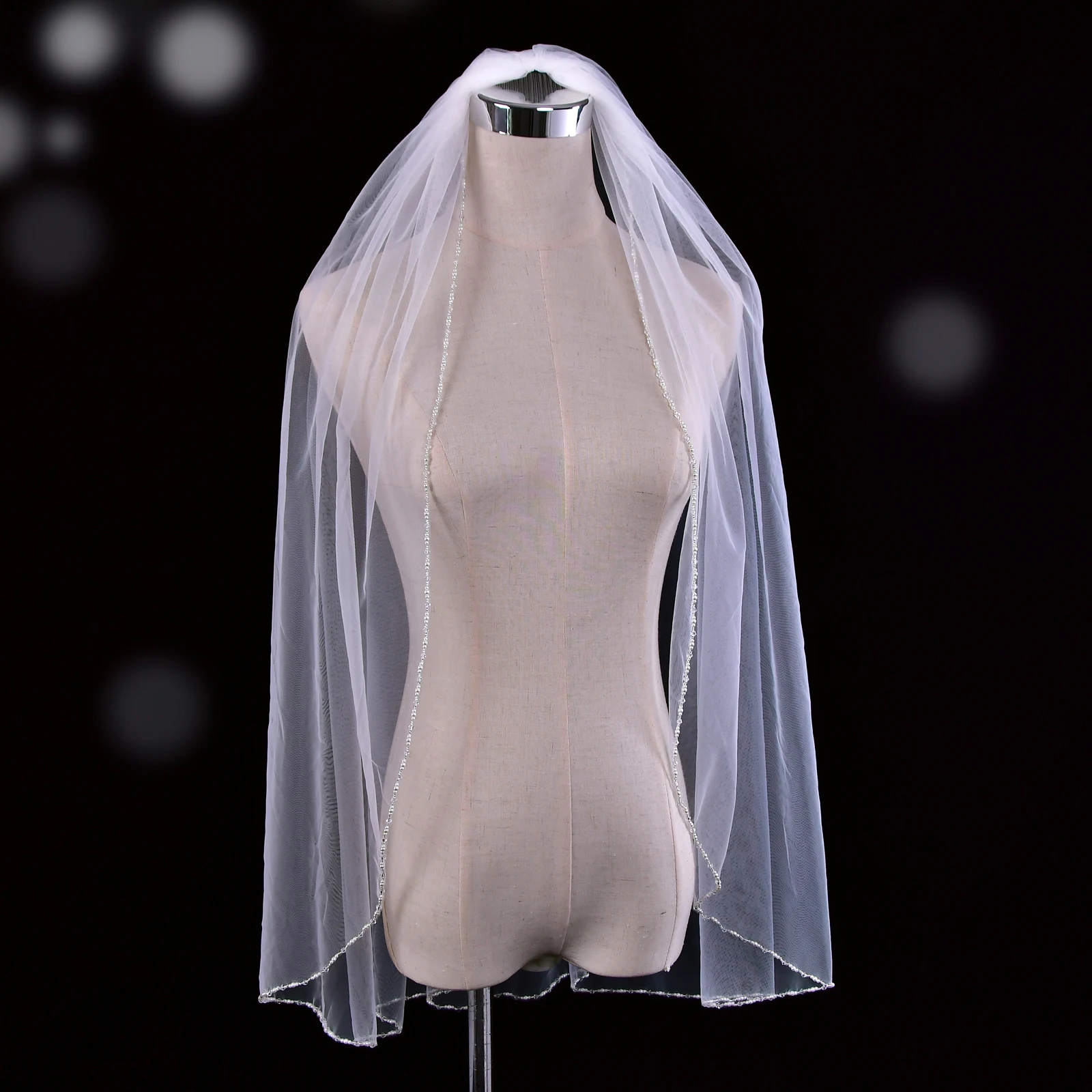 Crystal Beaded 1 Tier Fingertrip Length Wedding Veil with Comb