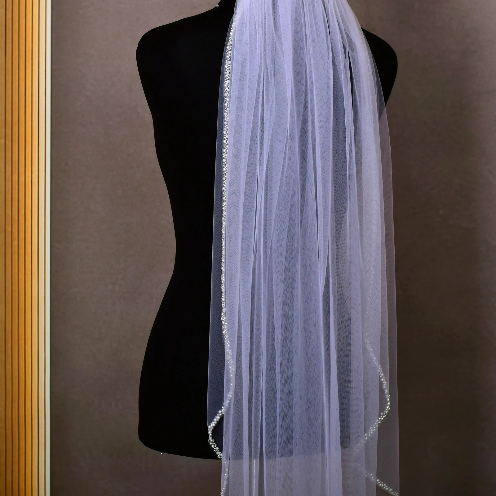 Tulle Edge Off White Pearls Silver Beading Wedding Veil