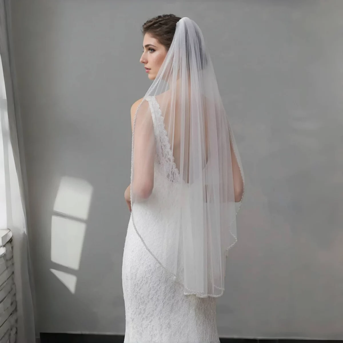 Tulle Edge Off White Pearls Silver Beading Wedding Veil