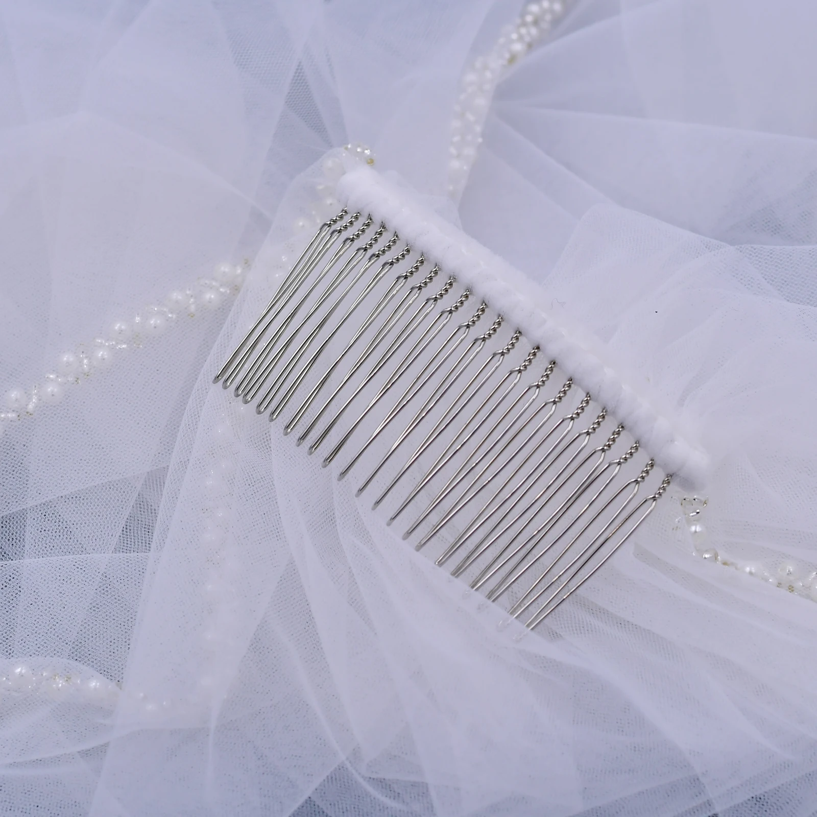 Tulle Edge Off White Pearls Silver Beading Wedding Veil