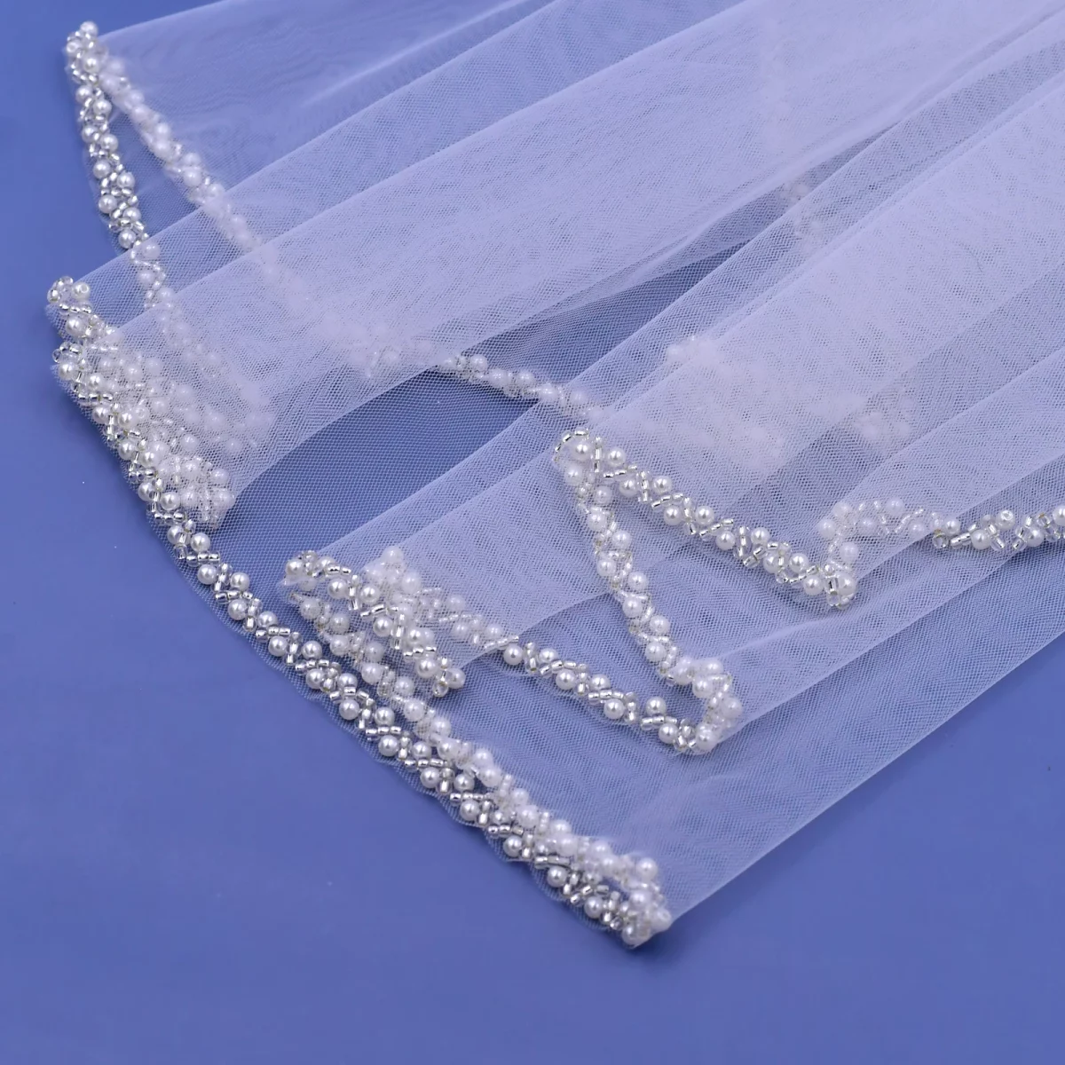 Tulle Edge Off White Pearls Silver Beading Wedding Veil