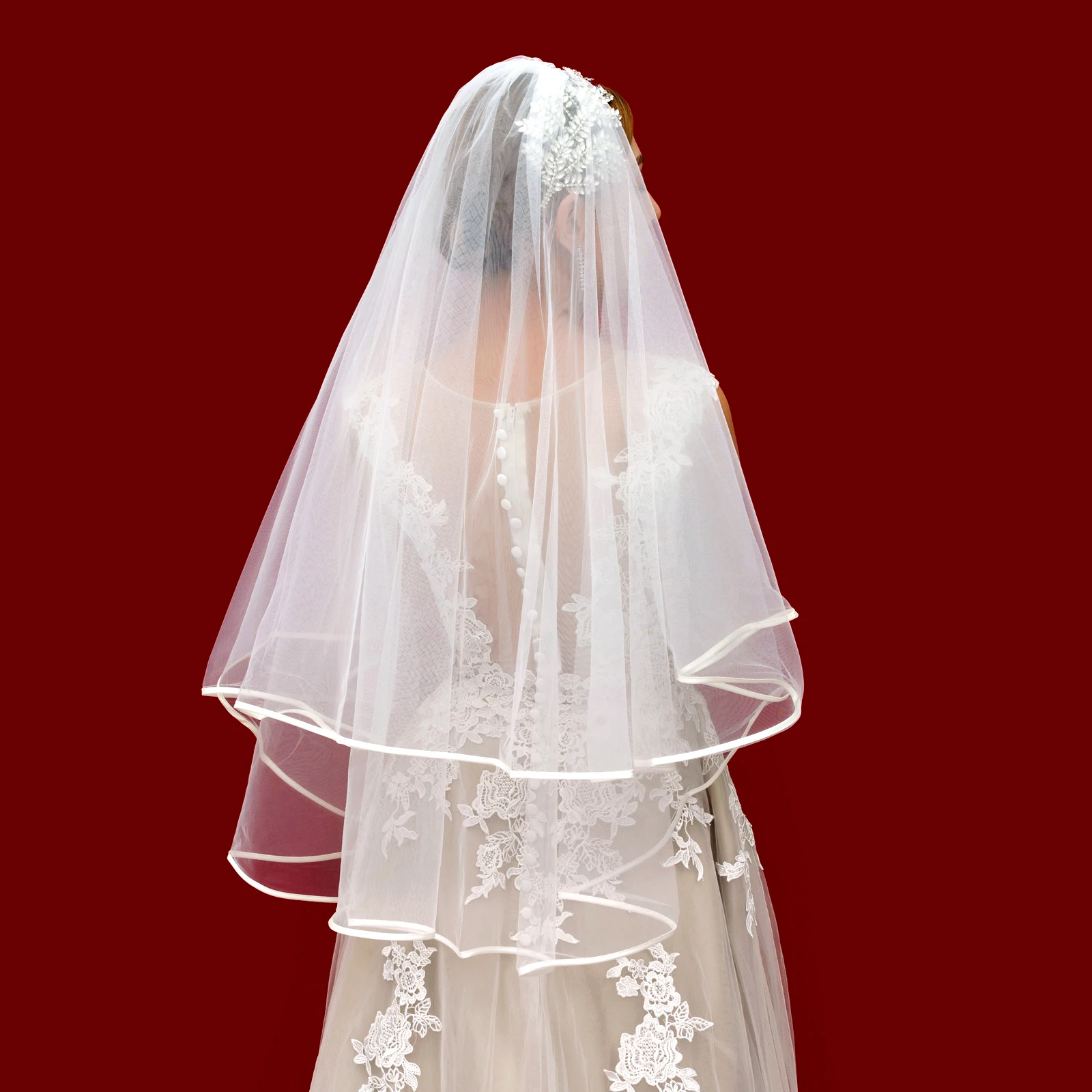 Ribbon Edge 2 Tier Cathedral Length Cover Front and Back Soft Tulle Wedding Veil