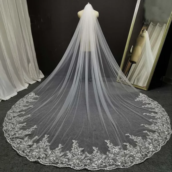 White Ivory Glitter Sequins Lace Long Wedding Veil 3 Meters