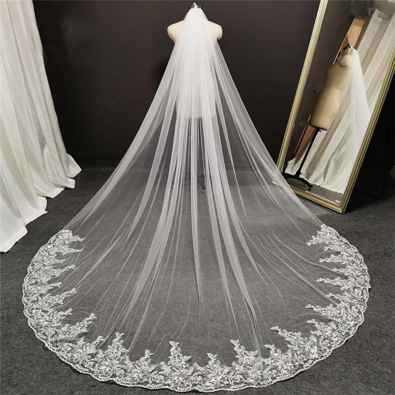 White Ivory Glitter Sequins Lace Long Wedding Veil 3 Meters