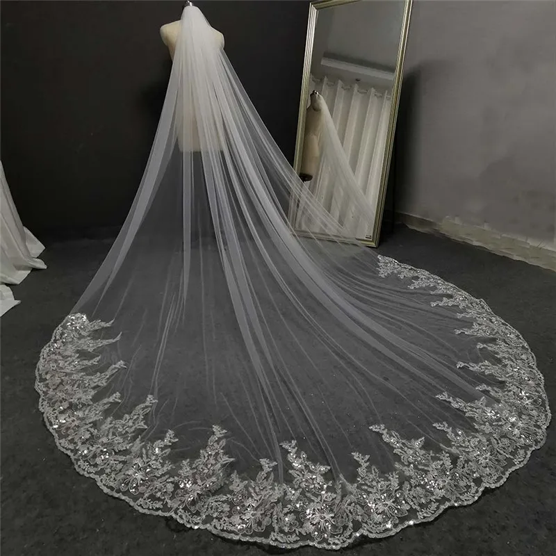 White Ivory Glitter Sequins Lace Long Wedding Veil 3 Meters