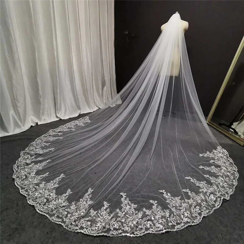 White Ivory Glitter Sequins Lace Long Wedding Veil 3 Meters