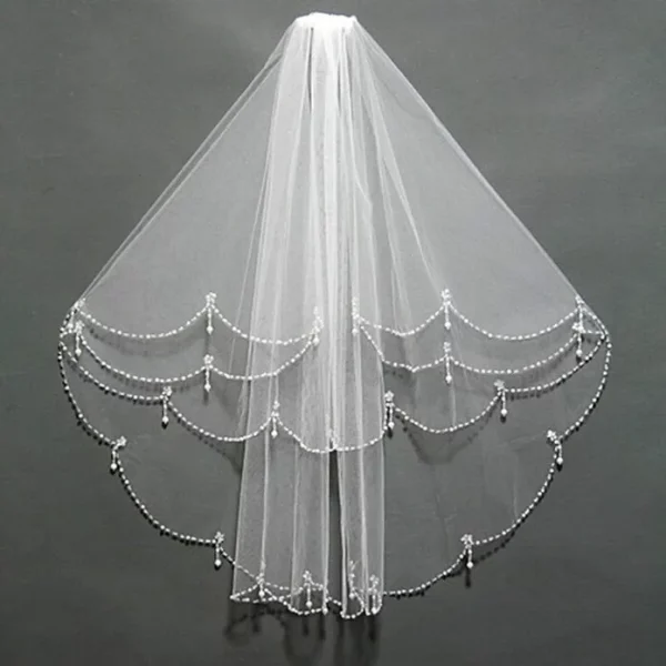 Two Layers Elbow Length Beading Edge Wedding Bridal Veil