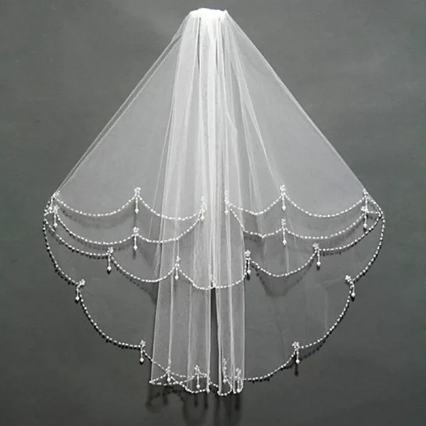 Two Layers Elbow Length Beading Edge Wedding Bridal Veil