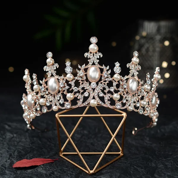 Baroque Rose Gold Color Crystal Pearls Bridal Tiara Crown Wedding Hair Jewelry