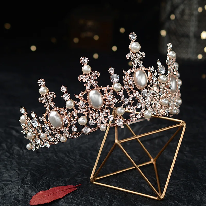 Baroque Rose Gold Color Crystal Pearls Bridal Tiara Crown Wedding Hair Jewelry