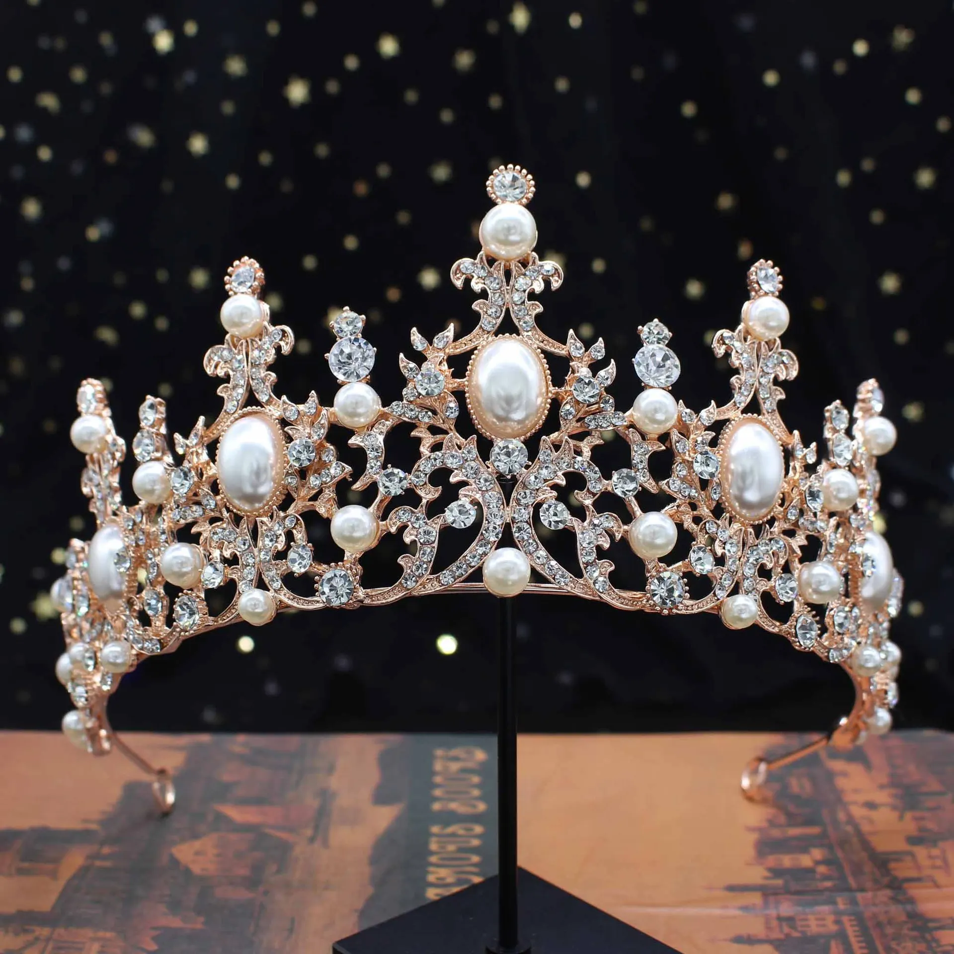 Baroque Rose Gold Color Crystal Pearls Bridal Tiara Crown Wedding Hair Jewelry