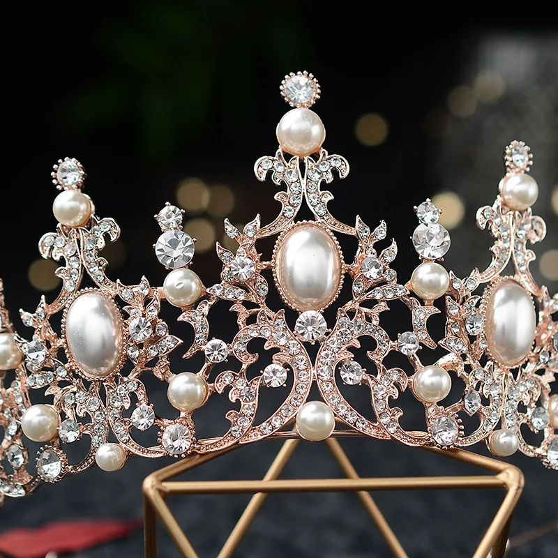 Baroque Rose Gold Color Crystal Pearls Bridal Tiara Crown Wedding Hair Jewelry