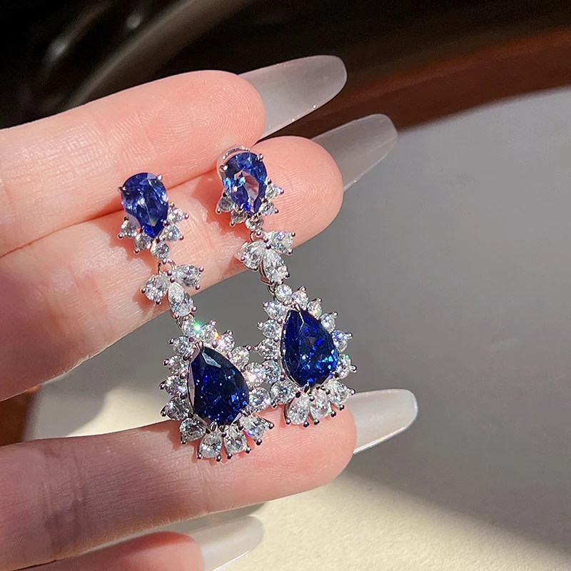 Silver Pear Blue Cubic Zirconia Hanging Earrings Wedding Jewelry