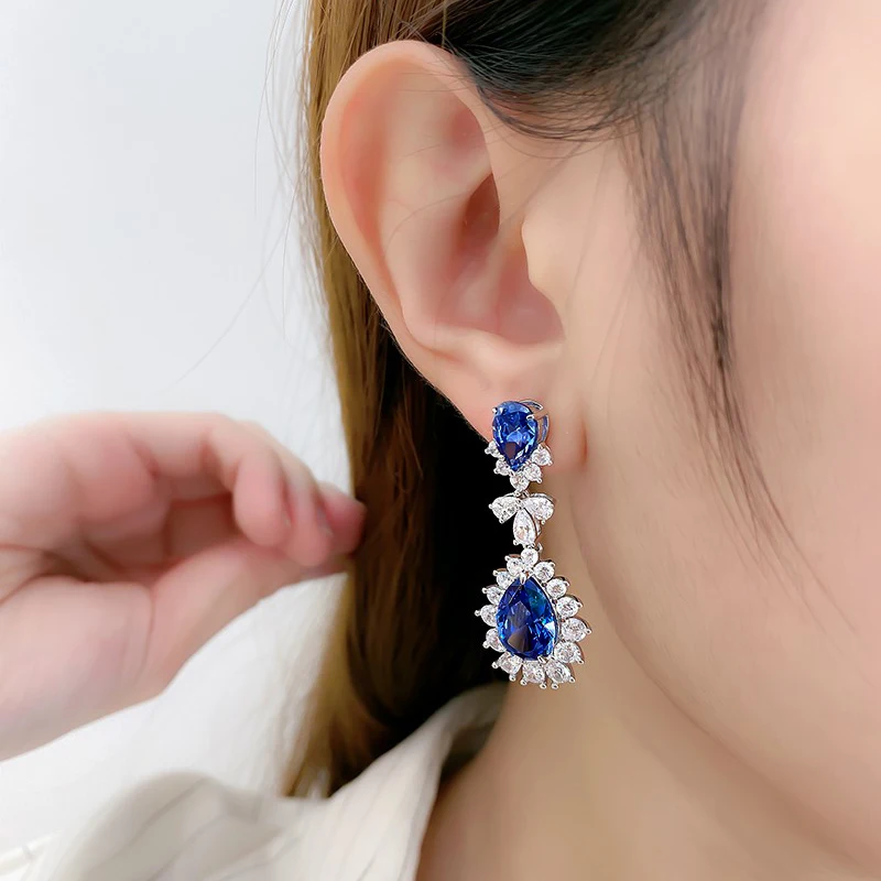 Silver Pear Blue Cubic Zirconia Hanging Earrings Wedding Jewelry