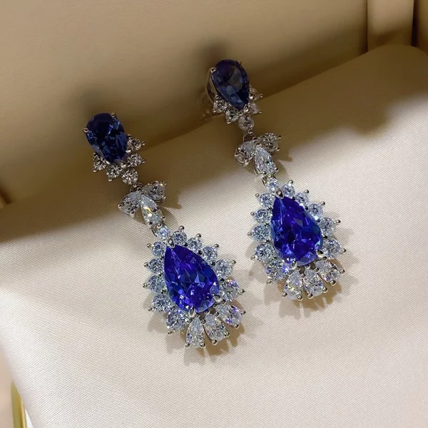 Silver Pear Blue Cubic Zirconia Hanging Earrings Wedding Jewelry