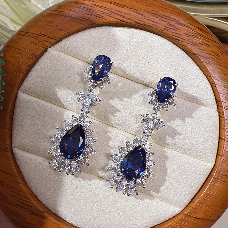 Silver Pear Blue Cubic Zirconia Hanging Earrings Wedding Jewelry