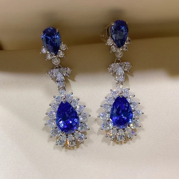 Silver Pear Blue Cubic Zirconia Hanging Earrings Wedding Jewelry