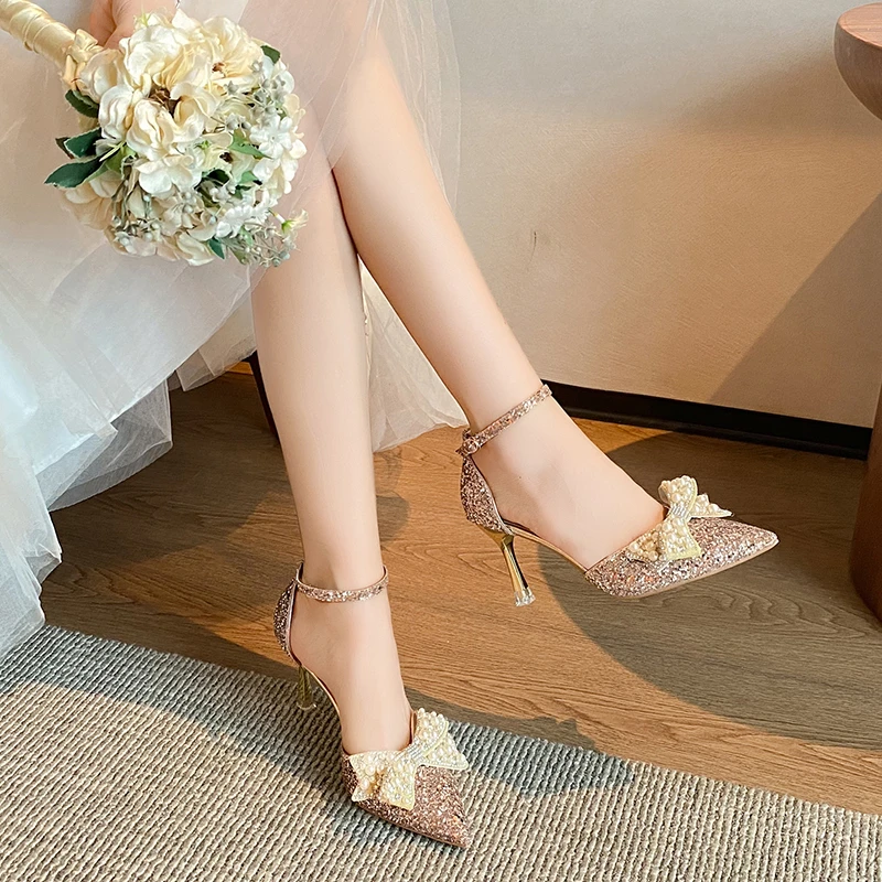 Pearl Bowknot Ankle Strap Bling Shiny Thin Heels Wedding Shoes Pumps