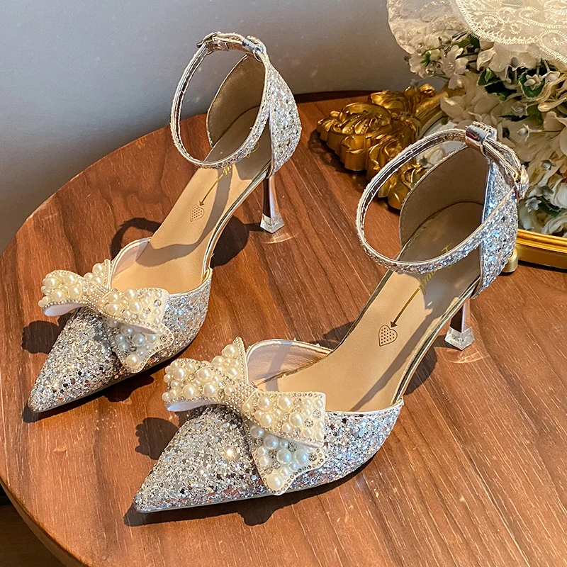 Pearl Bowknot Ankle Strap Bling Shiny Thin Heels Wedding Shoes Pumps