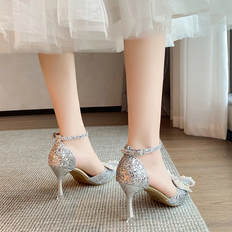 Pearl Bowknot Ankle Strap Bling Shiny Thin Heels Wedding Shoes Pumps