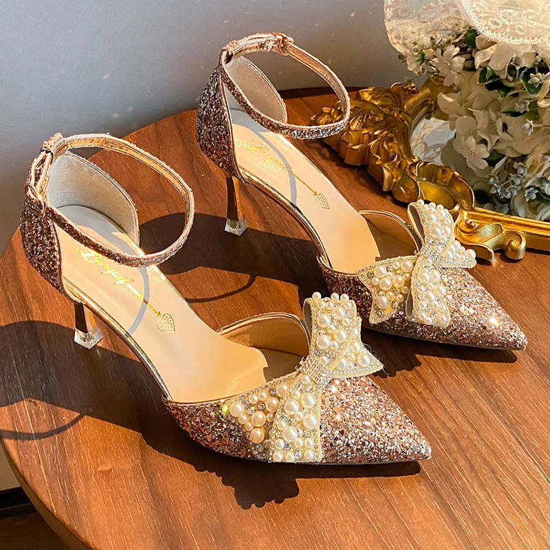 Pearl Bowknot Ankle Strap Bling Shiny Thin Heels Wedding Shoes Pumps