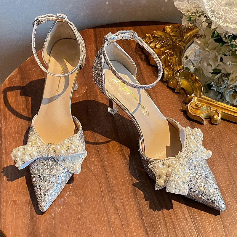 Pearl Bowknot Ankle Strap Bling Shiny Thin Heels Wedding Shoes Pumps