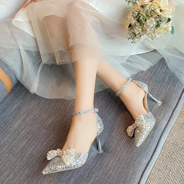 Pearl Bowknot Ankle Strap Bling Shiny Thin Heels Wedding Shoes Pumps
