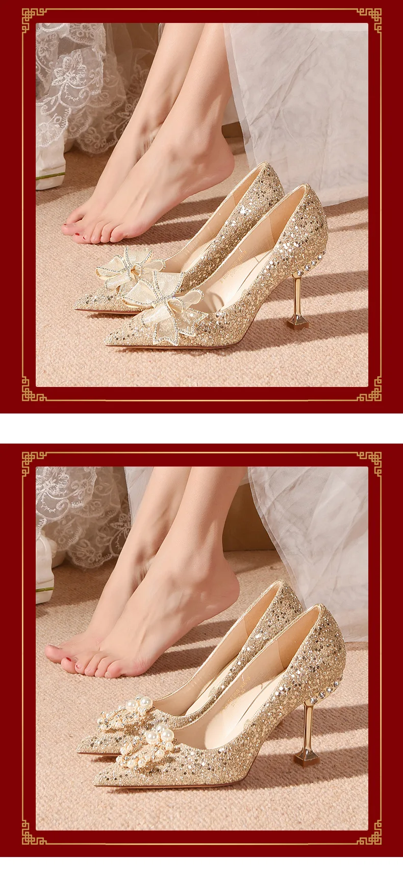 Sequins Bow Tie Stiletto Heels Wedding Pumps Shoes