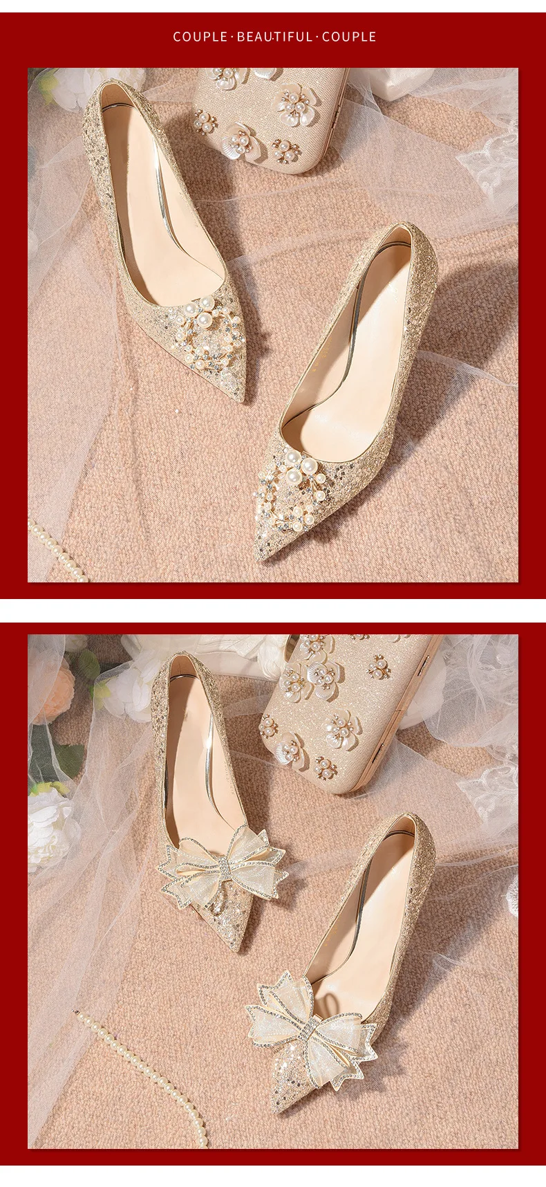 Sequins Bow Tie Stiletto Heels Wedding Pumps Shoes