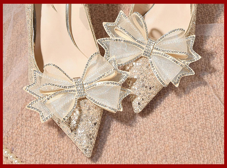 Sequins Bow Tie Stiletto Heels Wedding Pumps Shoes