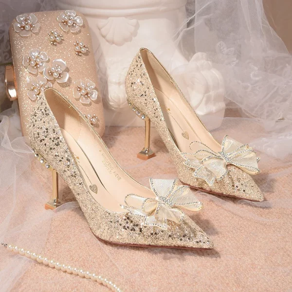 Sequins Bow Tie Stiletto Heels Wedding Pumps Shoes