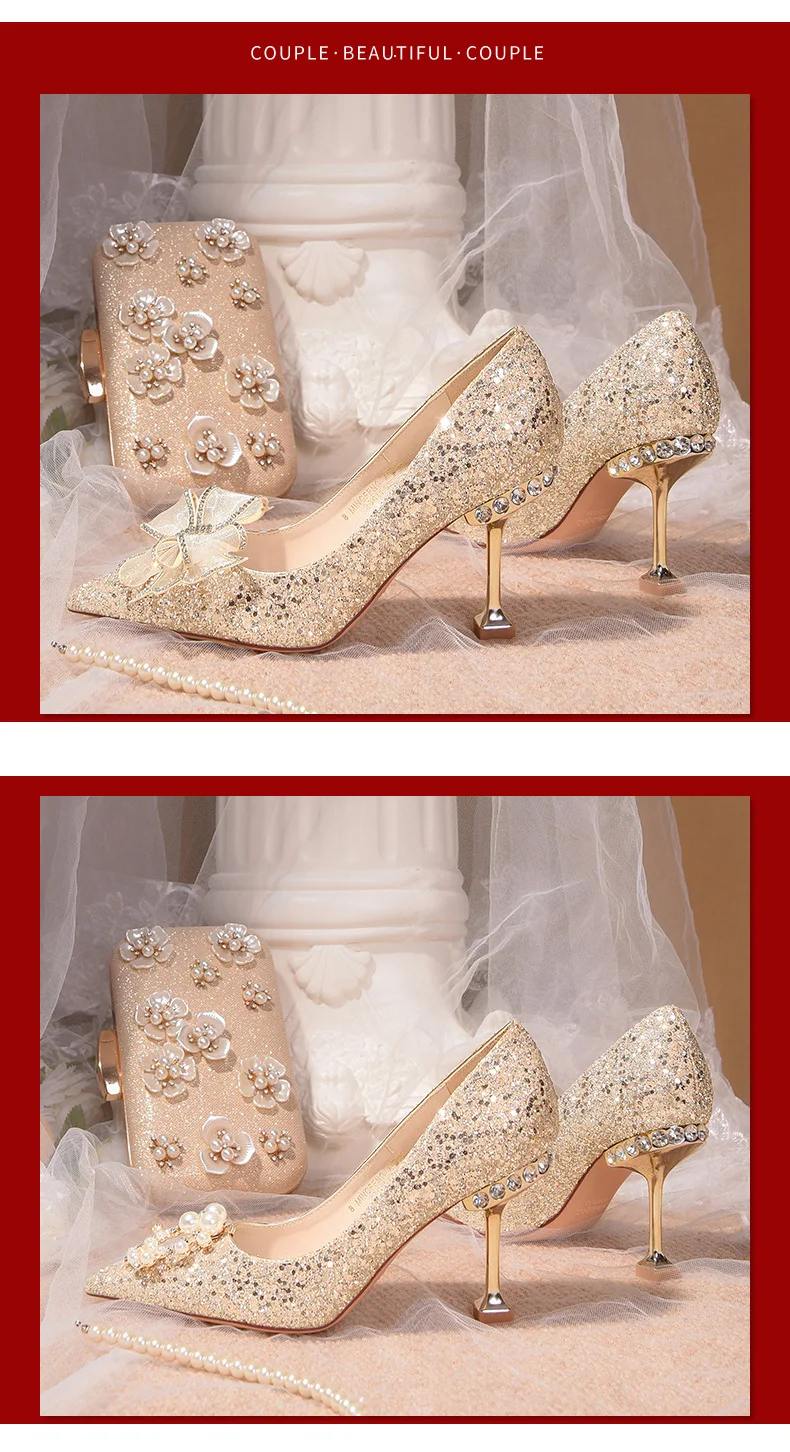 Sequins Bow Tie Stiletto Heels Wedding Pumps Shoes