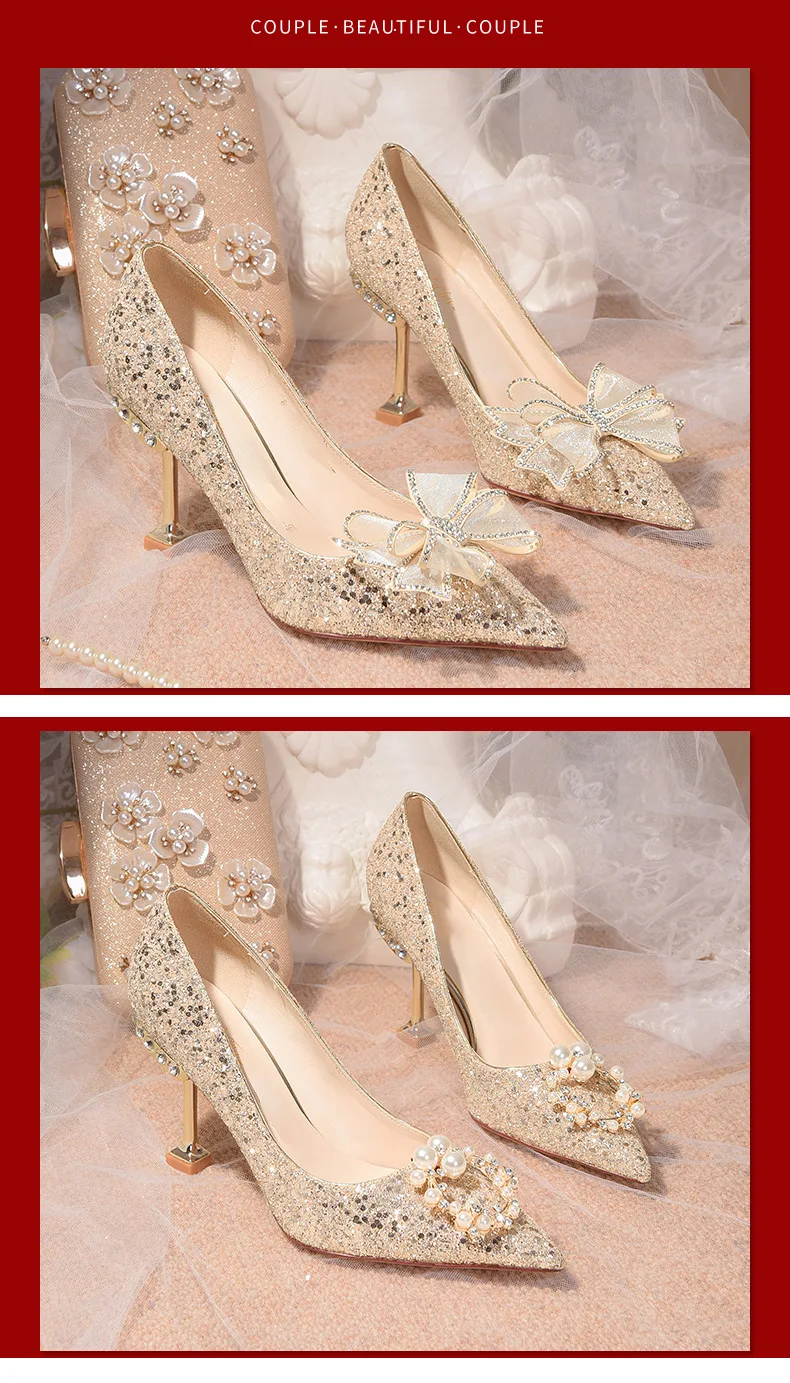 Sequins Bow Tie Stiletto Heels Wedding Pumps Shoes