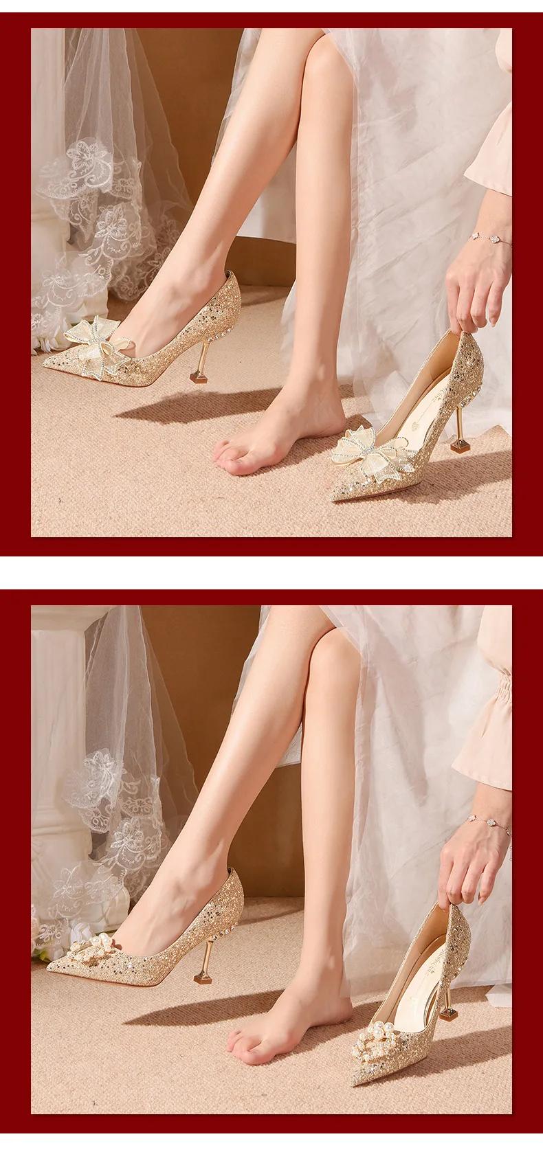 Sequins Bow Tie Stiletto Heels Wedding Pumps Shoes